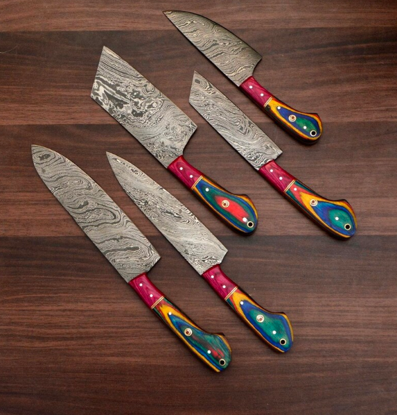 Handmade Damascus chef Knife Set of 5 PCS With Leather Sheath - Image 3