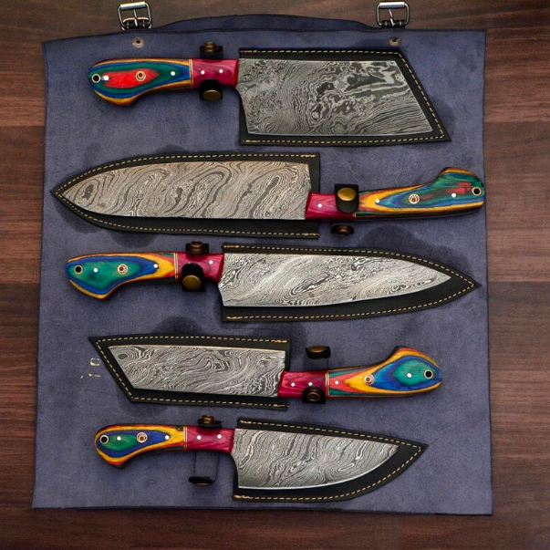 Handmade Damascus chef Knife Set of 5 PCS With Leather Sheath - Image 4