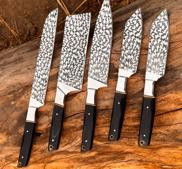 Hand Forged D2 Steel Chef Knife Set: 5-Piece Etched Blade - Image 4