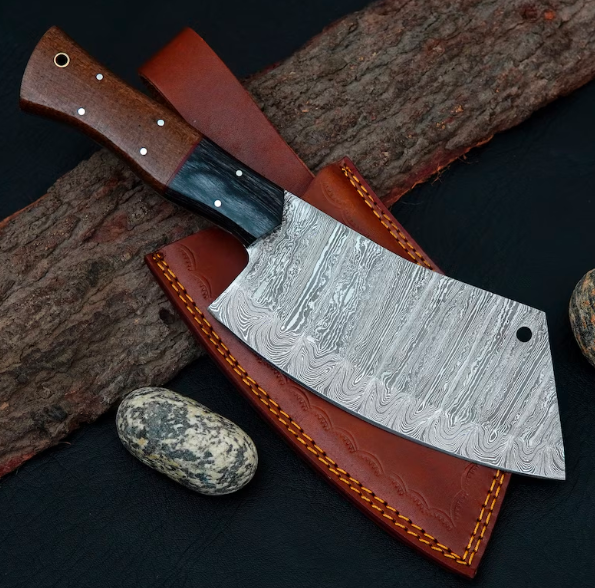 Handmade Damascus Butcher Knife: Forged Cleaver with Leather Sheath - Image 2