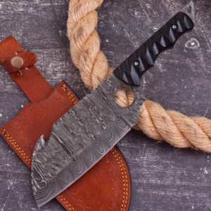 Handmade Damascus Steel Cleaver Knife: 7-inch Butcher Knife with Leather Sheath