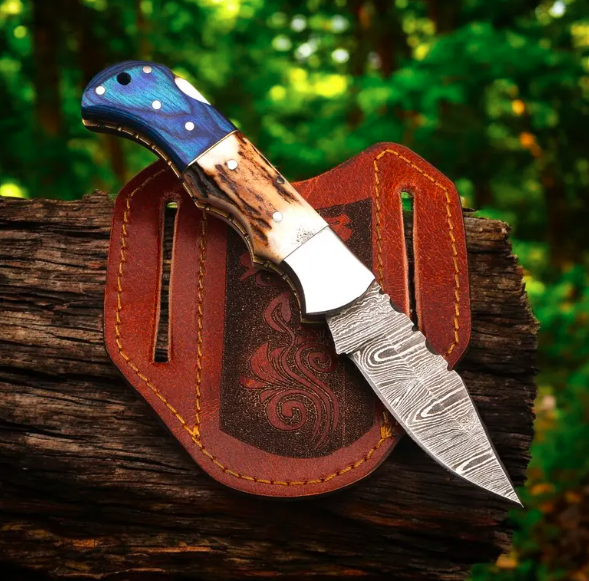 Handmade Damascus Pocket Folding Knife With Stag Horn Handle, Wedding Anniversary Gift Gift For him