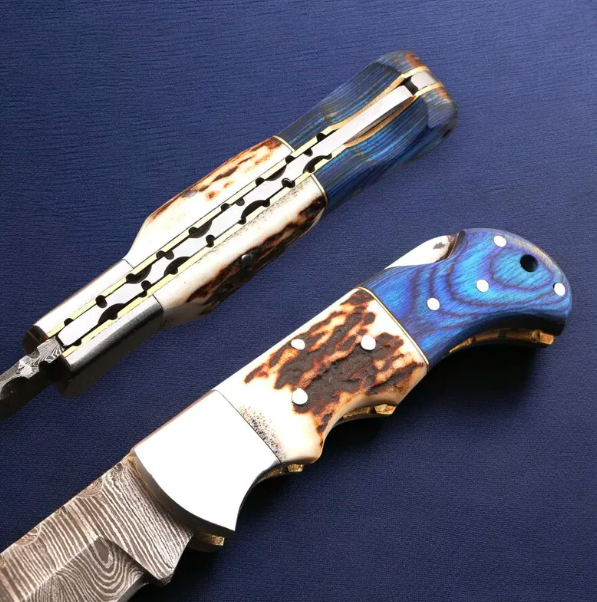 Handmade Damascus Pocket Folding Knife With Stag Horn Handle, Wedding Anniversary Gift Gift For him - Image 2