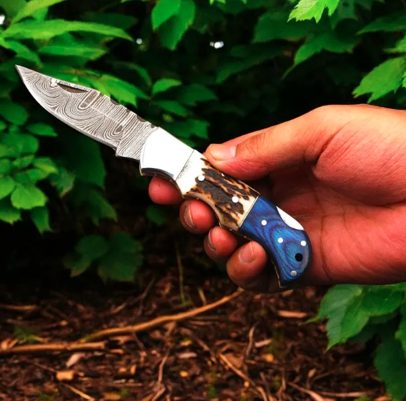 Handmade Damascus Pocket Folding Knife With Stag Horn Handle, Wedding Anniversary Gift Gift For him - Image 3