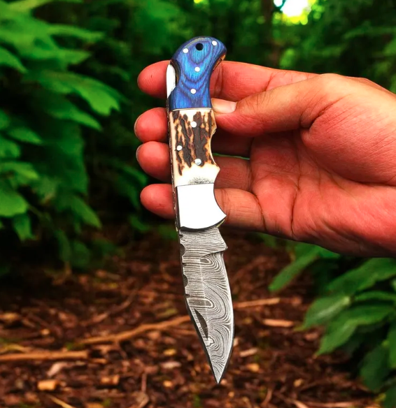 Handmade Damascus Pocket Folding Knife With Stag Horn Handle, Wedding Anniversary Gift Gift For him - Image 4