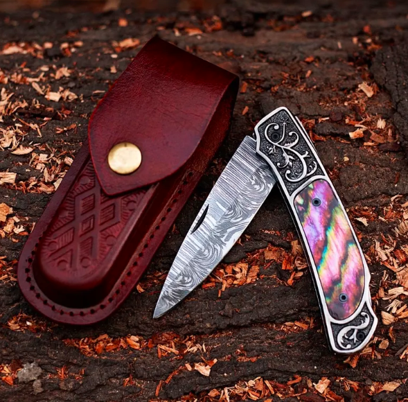 Handmade Damascus Steel Folding Knife: Ebony Handle, Leather Sheath