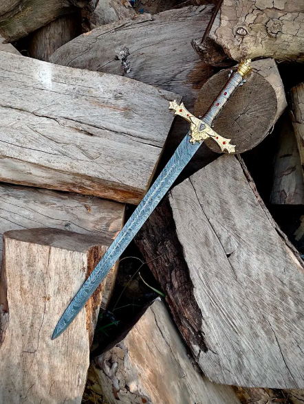 Handmade Damascus Steel Templar Knight Sword | Crown Sword Replica with Leather Sheath | Collectible Handmade Sword | Unique Gift for Him